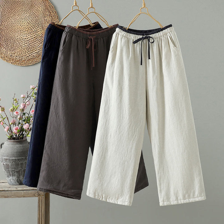 Buddha Stones Winter Kontrastierende Damenhose aus Baumwoll-Leinen-Mischgewebe mit weitem Bein und Taschen - image 0