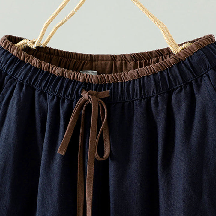 Buddha Stones Winter Kontrastierende Damenhose aus Baumwoll-Leinen-Mischgewebe mit weitem Bein und Taschen - image 2