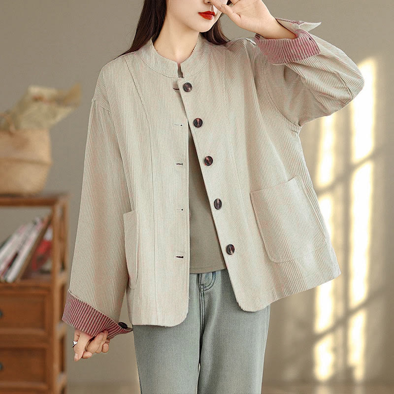 Damen-Cordjacke mit langen Ärmeln und Taschen, verziert mit Buddha Stones - Beige - US8-10, UK/AU12-14, EU40-42 (2XL) - image 0