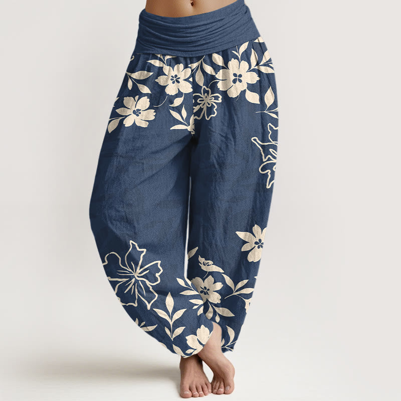 Buddha Stones Baumwoll-Haremshose im Retro-Stil mit schlichtem Blumen- und Blättermuster, elastischem Bund für Damen - SteelBlue - US16, UK/AU20, EU48 (3XL) - image 0