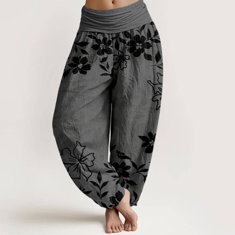 Buddha Stones Baumwoll-Haremshose im Retro-Stil mit schlichtem Blumen- und Blättermuster, elastischem Bund für Damen - DimGray - US16, UK/AU20, EU48 (3XL) - image 5