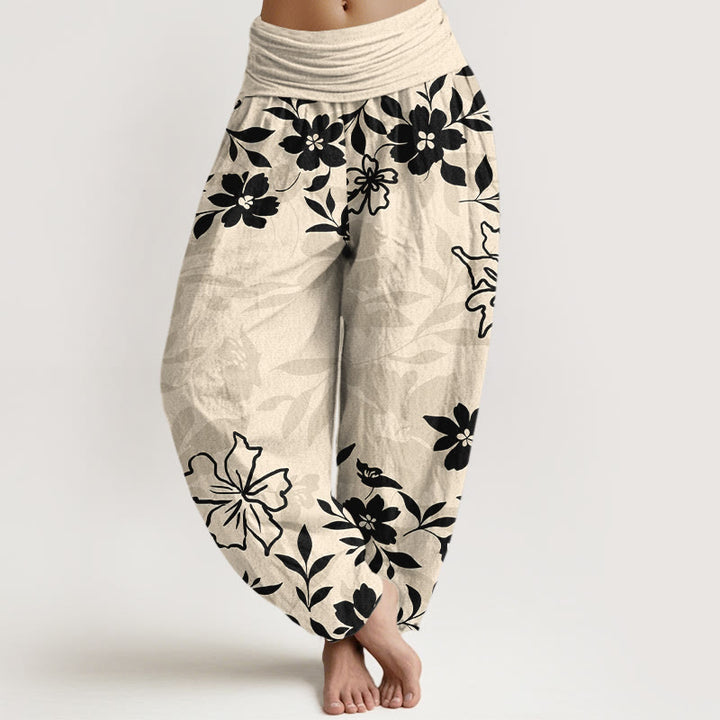 Buddha Stones Baumwoll-Haremshose im Retro-Stil mit schlichtem Blumen- und Blättermuster, elastischem Bund für Damen - Papaya-Sahne - US16, UK/AU20, EU48 (3XL) - image 8