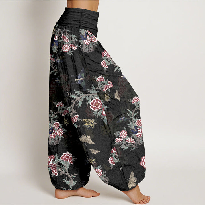 Haremshose für Damen mit Buddha Stones, Baumwollblumen, Blättern und Schmetterlingsmuster sowie elastischem Bund - image 2