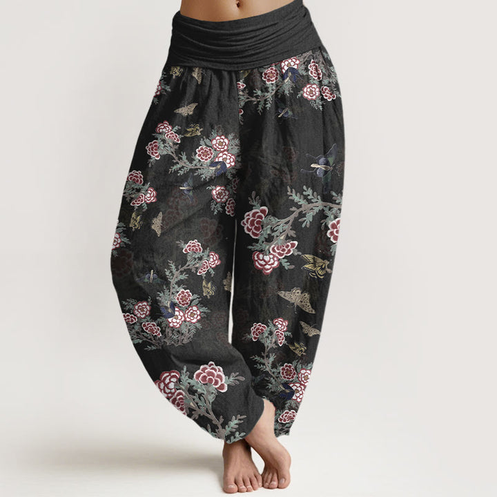 Haremshose für Damen mit Buddha Stones, Baumwollblumen, Blättern und Schmetterlingsmuster sowie elastischem Bund - Schwarz - US16, UK/AU20, EU48 (3XL) - image 0