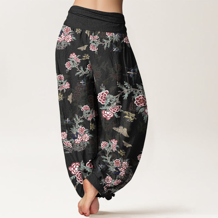 Haremshose für Damen mit Buddha Stones, Baumwollblumen, Blättern und Schmetterlingsmuster sowie elastischem Bund - image 1