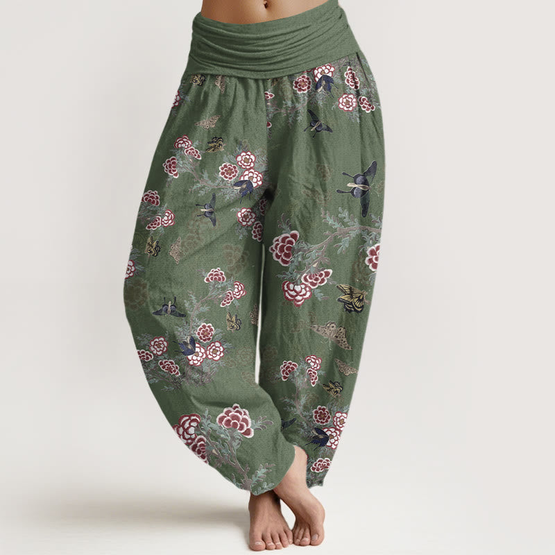 Haremshose für Damen mit Buddha Stones, Baumwollblumen, Blättern und Schmetterlingsmuster sowie elastischem Bund - SeaGreen - US16, UK/AU20, EU48 (3XL) - image 5