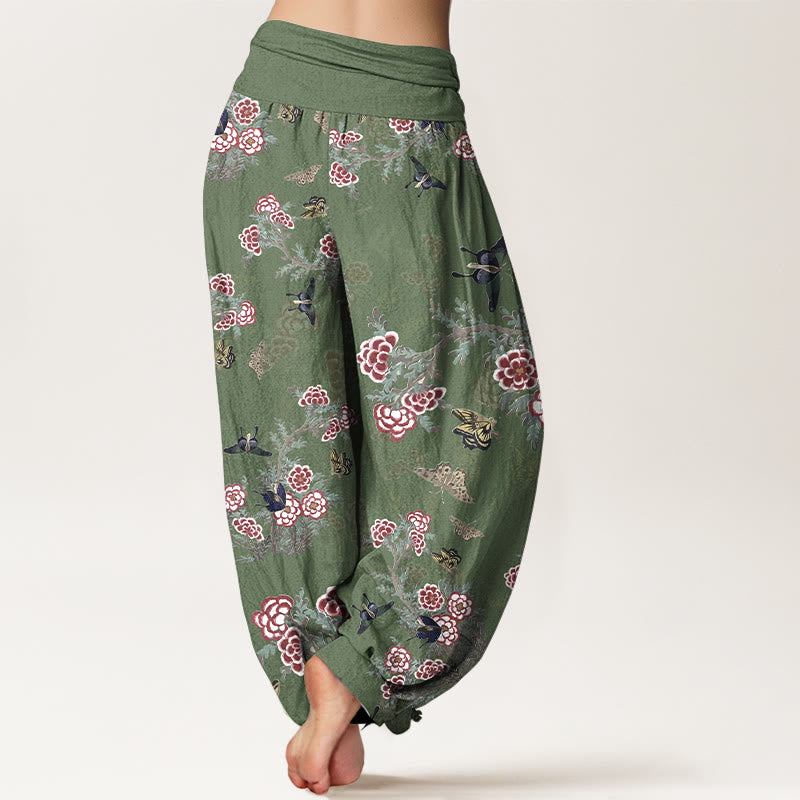 Haremshose für Damen mit Buddha Stones, Baumwollblumen, Blättern und Schmetterlingsmuster sowie elastischem Bund - image 6