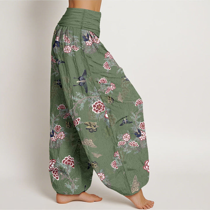 Haremshose für Damen mit Buddha Stones, Baumwollblumen, Blättern und Schmetterlingsmuster sowie elastischem Bund - image 7