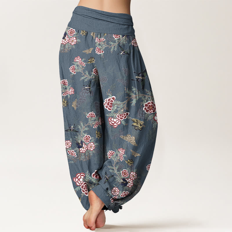 Haremshose für Damen mit Buddha Stones, Baumwollblumen, Blättern und Schmetterlingsmuster sowie elastischem Bund - image 9