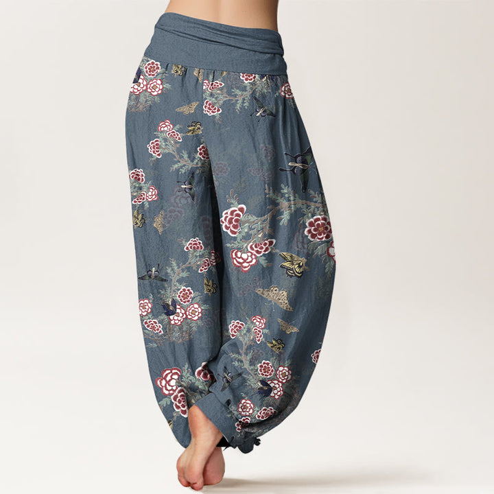 Haremshose für Damen mit Buddha Stones, Baumwollblumen, Blättern und Schmetterlingsmuster sowie elastischem Bund - image 9
