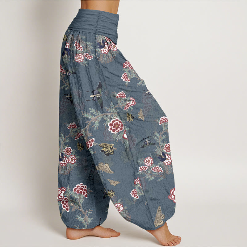 Haremshose für Damen mit Buddha Stones, Baumwollblumen, Blättern und Schmetterlingsmuster sowie elastischem Bund - image 10