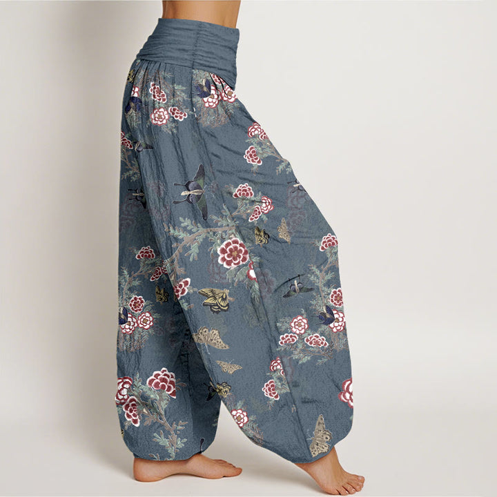 Haremshose für Damen mit Buddha Stones, Baumwollblumen, Blättern und Schmetterlingsmuster sowie elastischem Bund - image 10