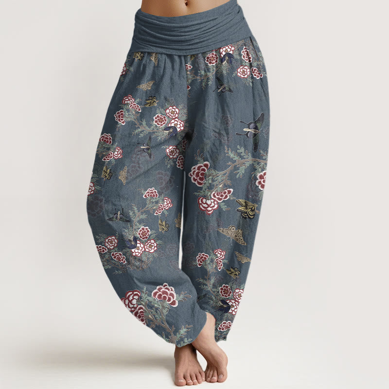Haremshose für Damen mit Buddha Stones, Baumwollblumen, Blättern und Schmetterlingsmuster sowie elastischem Bund - Dunkelschieferblau - US16, UK/AU20, EU48 (3XL) - image 8