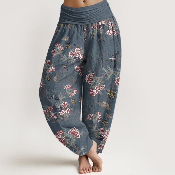 Haremshose für Damen mit Buddha Stones, Baumwollblumen, Blättern und Schmetterlingsmuster sowie elastischem Bund - Dunkelschieferblau - US16, UK/AU20, EU48 (3XL) - image 8