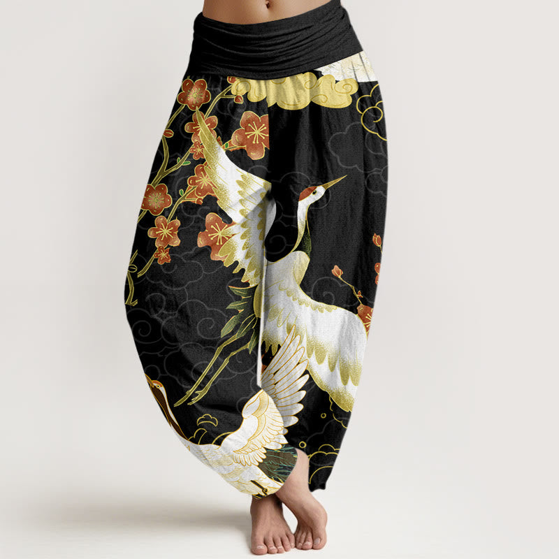Haremshose für Damen mit elastischer Taille und Buddha Stones aus reiner Baumwolle, Kraniche, Blumen, glückverheißende Wolken - Schwarz - US22, UK/AU26, EU54 (6XL) - image 0