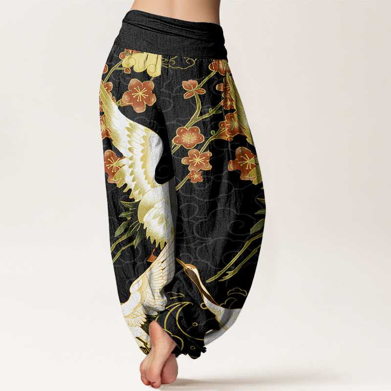 Haremshose für Damen mit elastischer Taille und Buddha Stones aus reiner Baumwolle, Kraniche, Blumen, glückverheißende Wolken - image 1