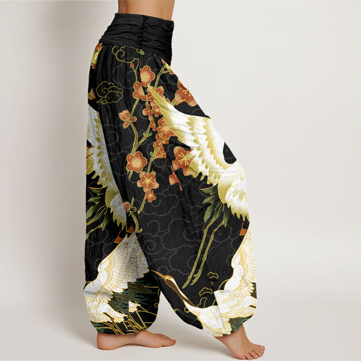 Haremshose für Damen mit elastischer Taille und Buddha Stones aus reiner Baumwolle, Kraniche, Blumen, glückverheißende Wolken - image 2
