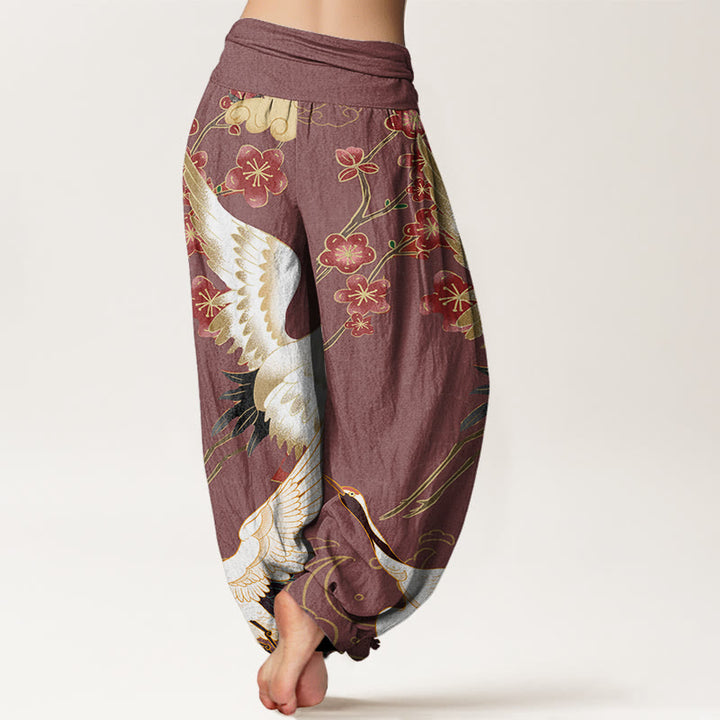 Haremshose für Damen mit elastischer Taille und Buddha Stones aus reiner Baumwolle, Kraniche, Blumen, glückverheißende Wolken - image 6