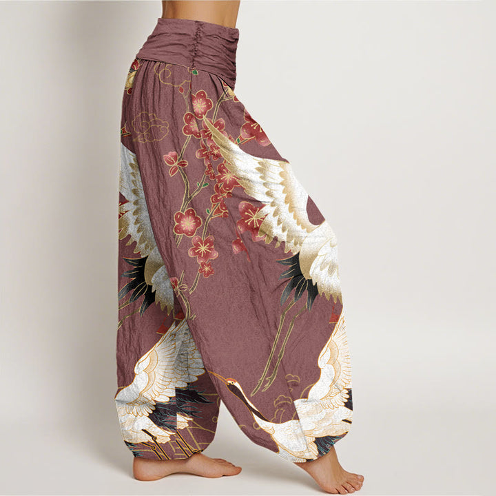 Haremshose für Damen mit elastischer Taille und Buddha Stones aus reiner Baumwolle, Kraniche, Blumen, glückverheißende Wolken - image 7