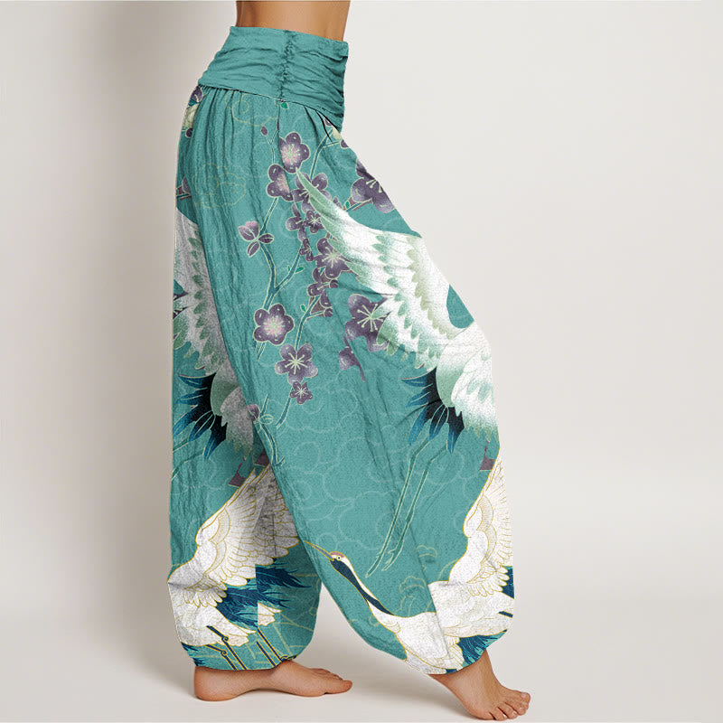 Haremshose für Damen mit elastischer Taille und Buddha Stones aus reiner Baumwolle, Kraniche, Blumen, glückverheißende Wolken - image 10