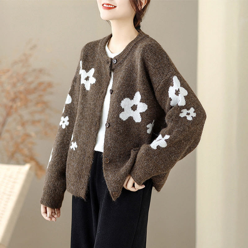 Strickcardigan mit Buddha Stones, Winterblumen, Knöpfen und langen Ärmeln aus Baumwolle für Damen - image 2
