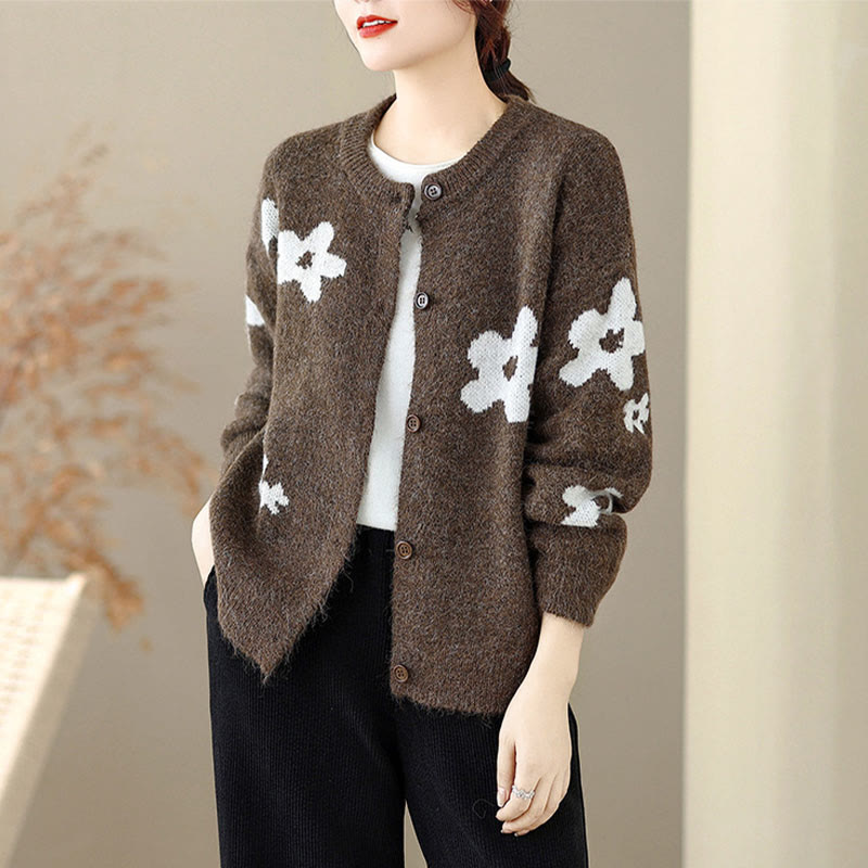 Strickcardigan mit Buddha Stones, Winterblumen, Knöpfen und langen Ärmeln aus Baumwolle für Damen - image 1