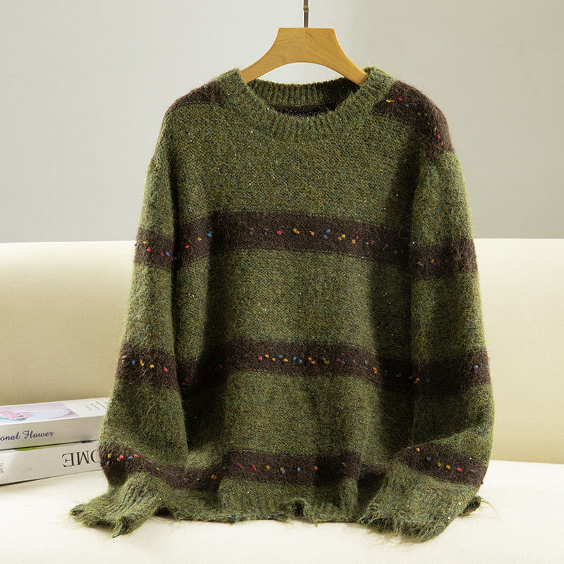 Buddha Stones ​​Winterstreifenmuster Rundhals Langarm Damen Baumwollpullover - Olivgrün - US4, UK/AU8, EU36 (F) - image 0