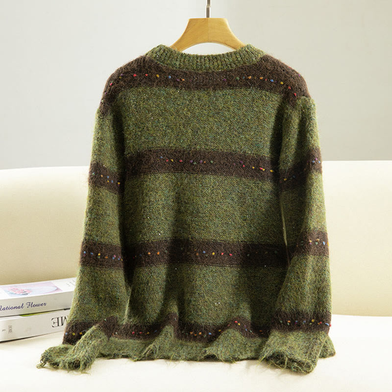 Buddha Stones ​​Winterstreifenmuster Rundhals Langarm Damen Baumwollpullover - image 1
