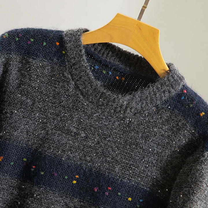 Buddha Stones ​​Winterstreifenmuster Rundhals Langarm Damen Baumwollpullover - image 21