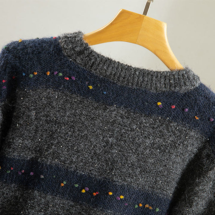 Buddha Stones ​​Winterstreifenmuster Rundhals Langarm Damen Baumwollpullover - image 23