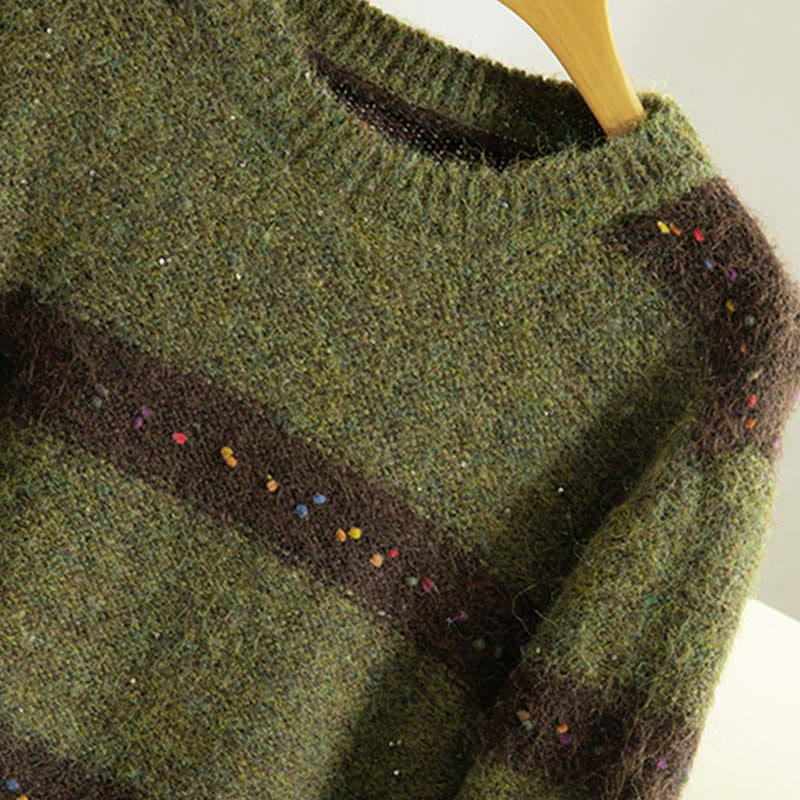 Buddha Stones ​​Winterstreifenmuster Rundhals Langarm Damen Baumwollpullover - image 3