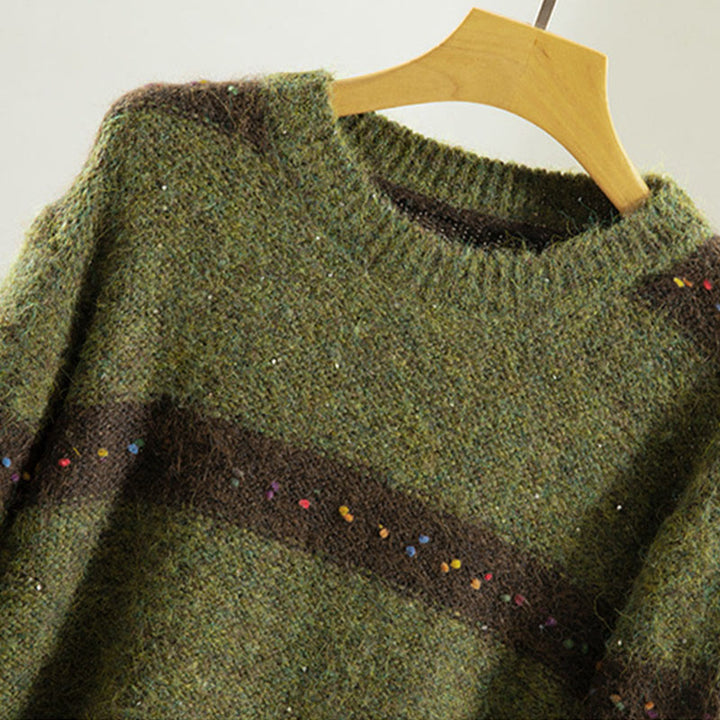Buddha Stones ​​Winterstreifenmuster Rundhals Langarm Damen Baumwollpullover - image 2