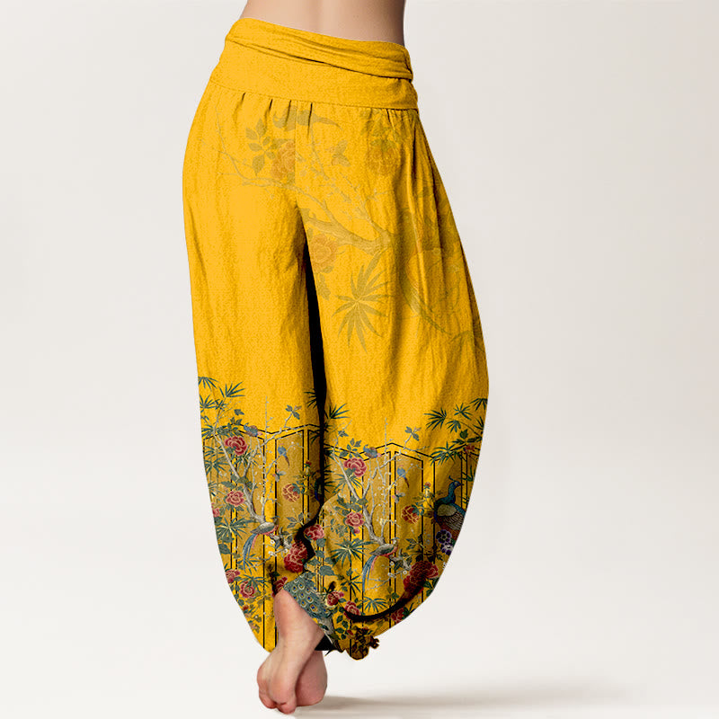 Buddha Stones Baumwoll-Haremshose mit wunderschönem Pfauenblumenmuster und elastischem Bund für Damen - image 1