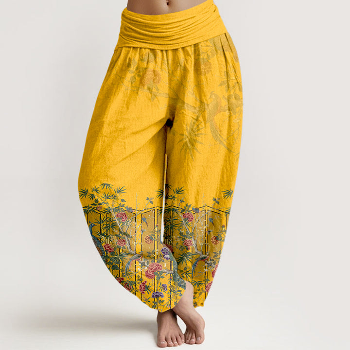 Buddha Stones Baumwoll-Haremshose mit wunderschönem Pfauenblumenmuster und elastischem Bund für Damen - Gold - US16, UK/AU20, EU48 (3XL) - image 0