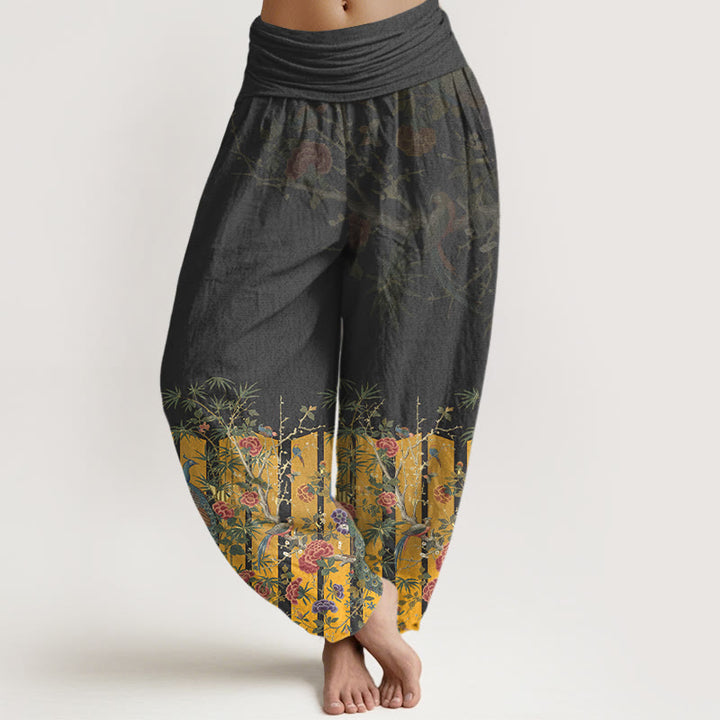 Buddha Stones Baumwoll-Haremshose mit wunderschönem Pfauenblumenmuster und elastischem Bund für Damen - Schwarz - US16, UK/AU20, EU48 (3XL) - image 5
