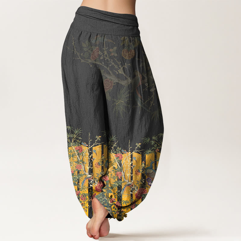 Buddha Stones Baumwoll-Haremshose mit wunderschönem Pfauenblumenmuster und elastischem Bund für Damen - image 6