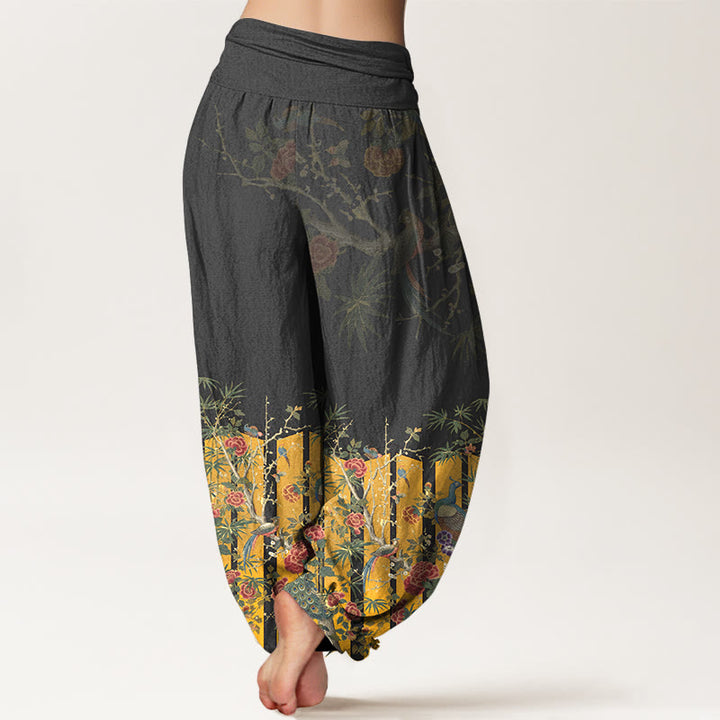 Buddha Stones Baumwoll-Haremshose mit wunderschönem Pfauenblumenmuster und elastischem Bund für Damen - image 6