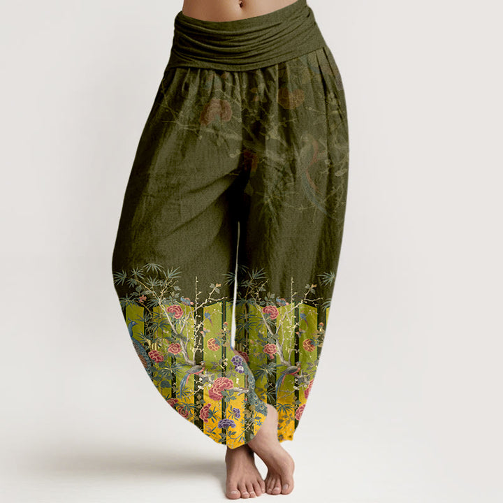Buddha Stones Baumwoll-Haremshose mit wunderschönem Pfauenblumenmuster und elastischem Bund für Damen - Olive - US16, UK/AU20, EU48 (3XL) - image 8