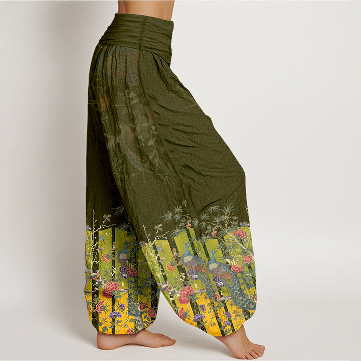Buddha Stones Baumwoll-Haremshose mit wunderschönem Pfauenblumenmuster und elastischem Bund für Damen - image 10