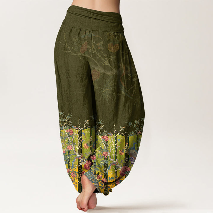 Buddha Stones Baumwoll-Haremshose mit wunderschönem Pfauenblumenmuster und elastischem Bund für Damen - image 9