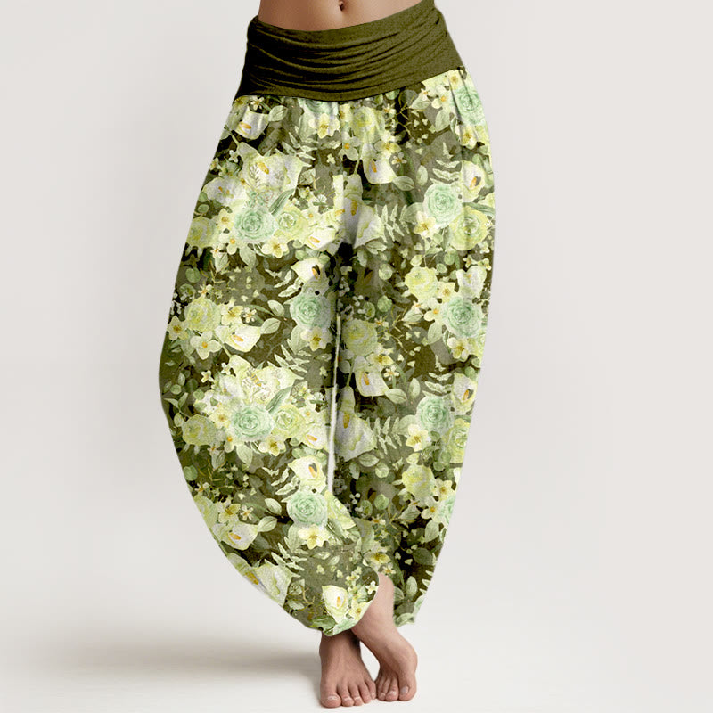 Haremshose aus Baumwolle mit Buddha Stones und ländlichem Blumenmuster, elastischer Bund, für Damen - Olive - US16, UK/AU20, EU48 (3XL) - image 5