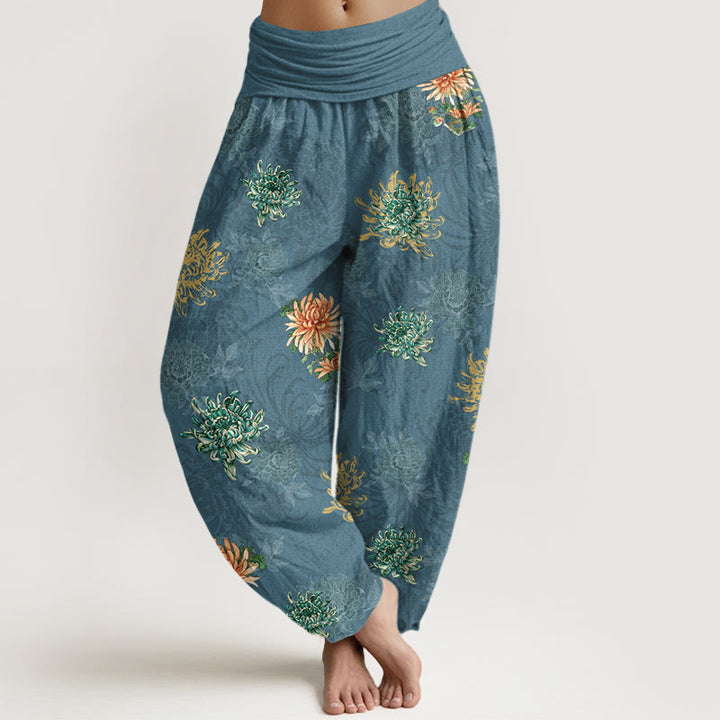 Buddha Stones ​​Baumwolle, verschiedene Farben, Chrysanthemenmuster, Damen-Haremshose mit elastischem Bund - Kadettenblau - US16, UK/AU20, EU48 (3XL) - image 0