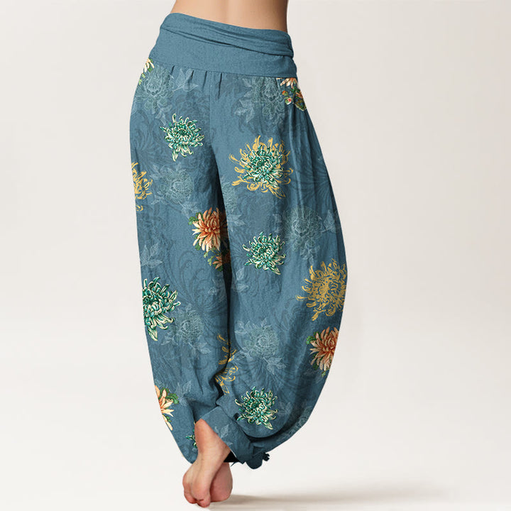 Buddha Stones ​​Baumwolle, verschiedene Farben, Chrysanthemenmuster, Damen-Haremshose mit elastischem Bund - image 1