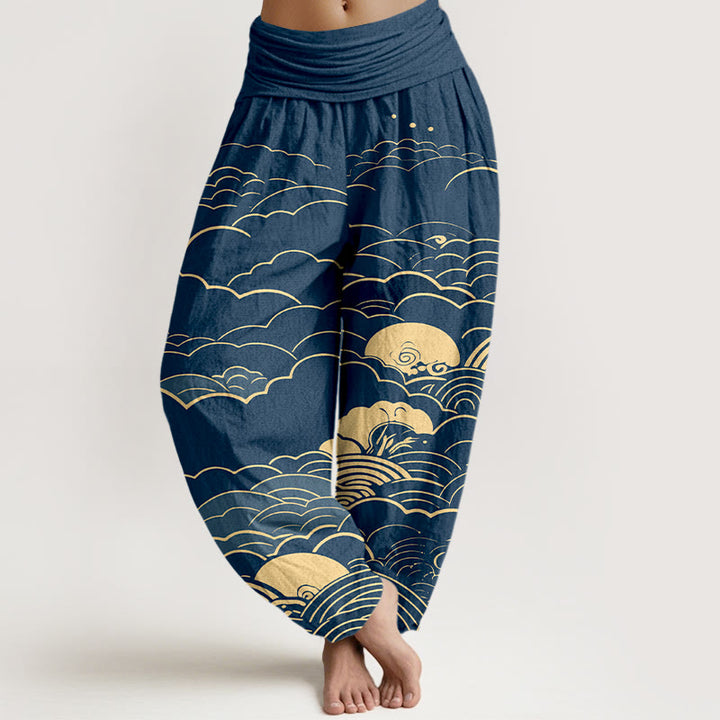 Haremshose aus Baumwolle mit Buddha Stones -Motiv, klassischem Wolken-Spiralmuster und elastischem Bund für Damen - Marine - US16, UK/AU20, EU48 (3XL) - image 0