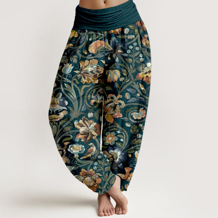 Baumwoll-Haremshose mit Buddha Stones, Retro-Blumen-, Ranken- und Vogelmuster, elastischem Bund für Damen - Marine - US16, UK/AU20, EU48 (3XL) - image 0