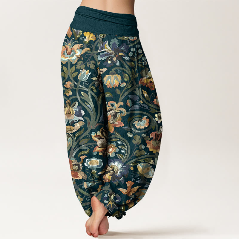 Baumwoll-Haremshose mit Buddha Stones, Retro-Blumen-, Ranken- und Vogelmuster, elastischem Bund für Damen - image 1