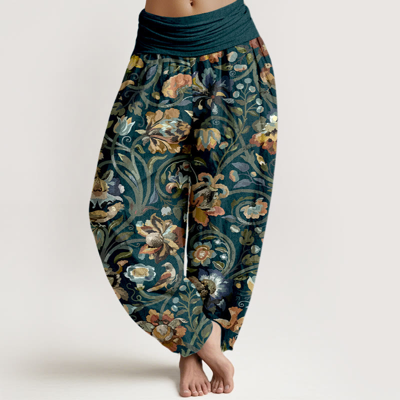 Baumwoll-Haremshose mit Buddha Stones, Retro-Blumen-, Ranken- und Vogelmuster, elastischem Bund für Damen - Marine - US16, UK/AU20, EU48 (3XL) - image 0