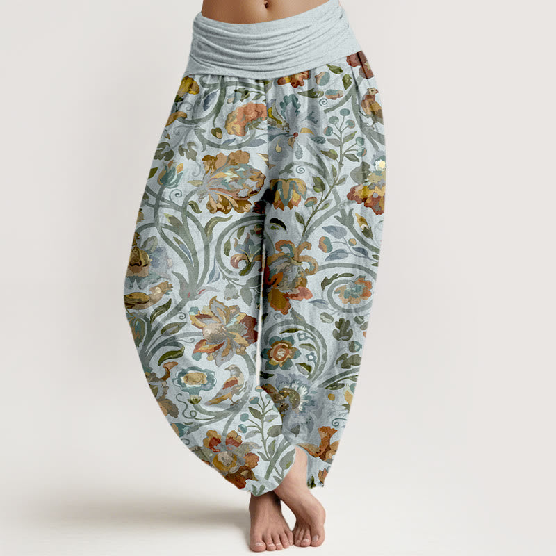 Baumwoll-Haremshose mit Buddha Stones, Retro-Blumen-, Ranken- und Vogelmuster, elastischem Bund für Damen - Hellcyan - US16, UK/AU20, EU48 (3XL) - image 5