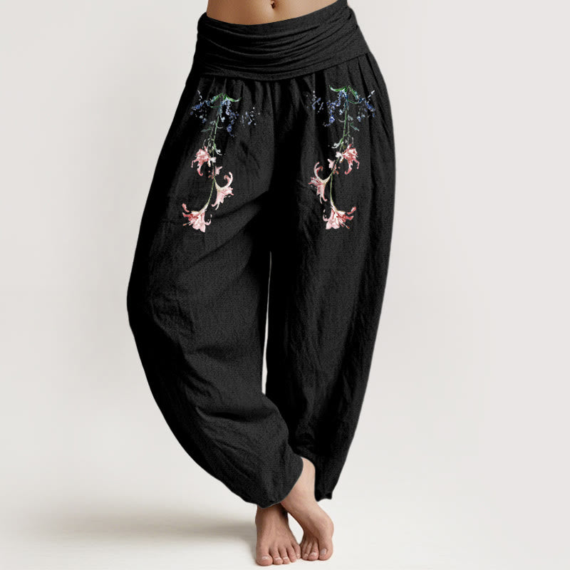 Buddha Stones Haremshose aus reiner Baumwolle mit schlichtem Pastellblumenmuster und elastischem Bund für Damen - Schwarz - US16, UK/AU20, EU48 (3XL) - image 0