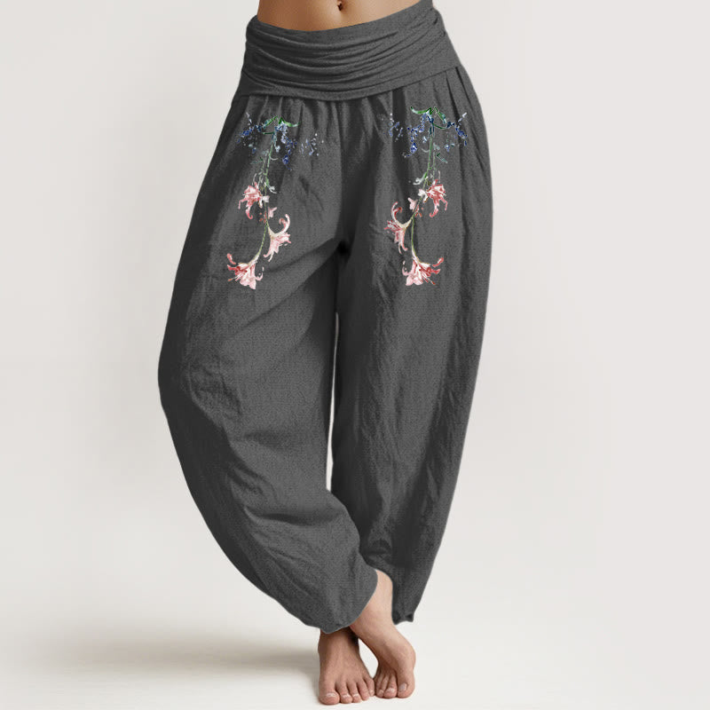Buddha Stones Haremshose aus reiner Baumwolle mit schlichtem Pastellblumenmuster und elastischem Bund für Damen - DimGray - US16, UK/AU20, EU48 (3XL) - image 8